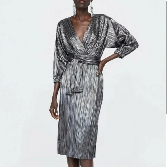 Zara | Dresses | Nwot Zara Pleated Silver Plunge Belted Ultra Glam Party  Dress Szs | Poshmark